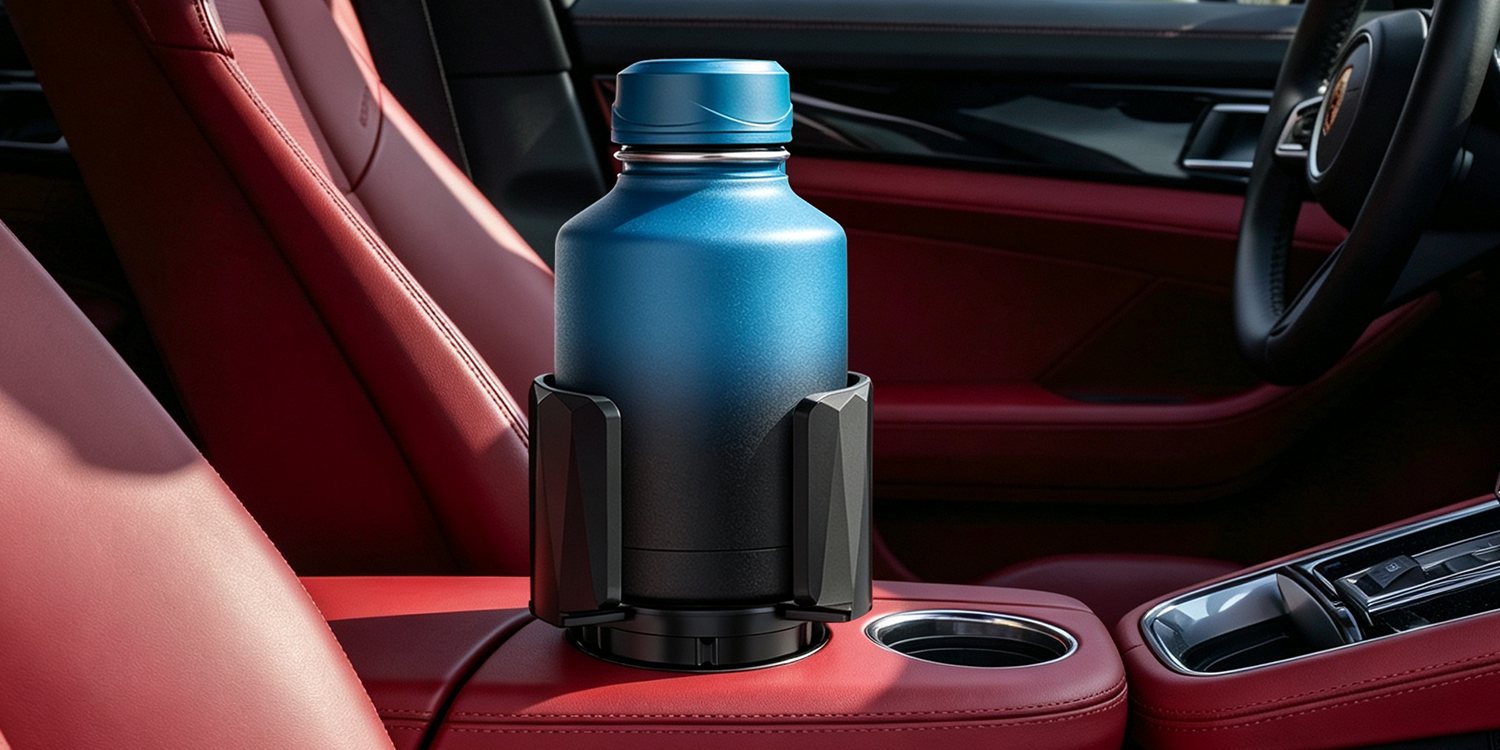 A blue 40 oz bottle held upright by a DYLEN cup holder expander in a car console